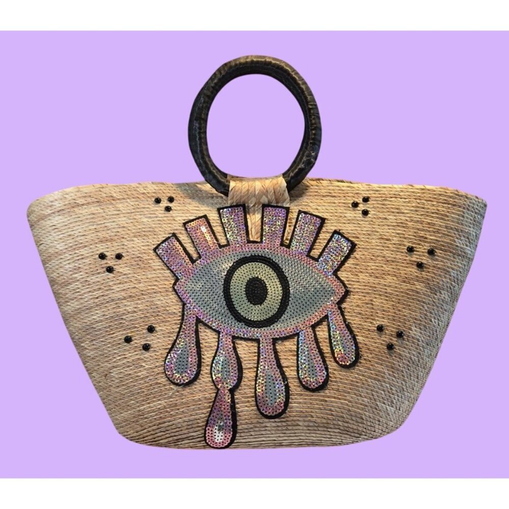 Vintage Handcrafted Straw "Evil Eye" Purple Sequin Beach Tote Purs - Picture 2 of 16